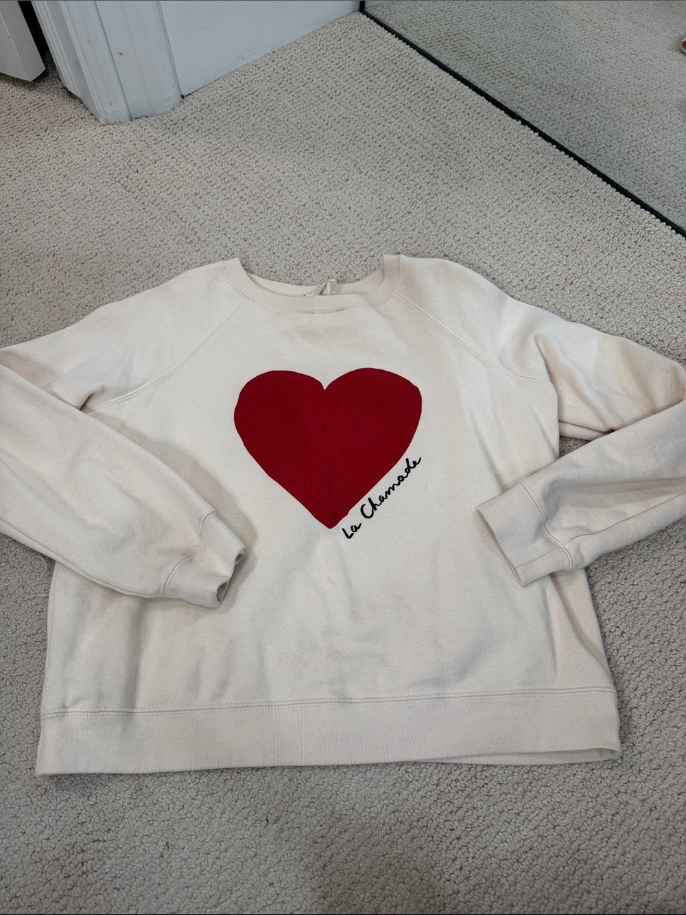 Sezane Cream Crewneck Sweatshirt with Red Heart